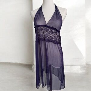 Vintage Elegant Purple Lace Halter Babydoll slip sheer S/M
